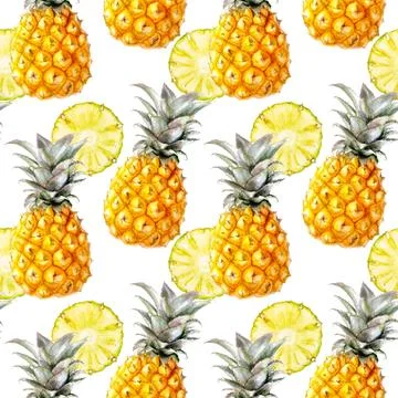 Seamless watercolor pattern with pineapples and slices, for a tropical summery Stock Illustration