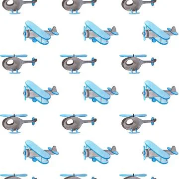 Seamless watercolor pattern. a plane and a helicopter. Stock Illustration