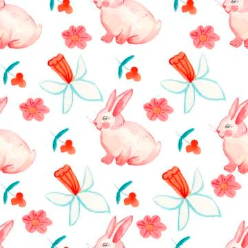 Seamless watercolor pattern with rabbit, daffodils and other spring flowers. Stock Illustration