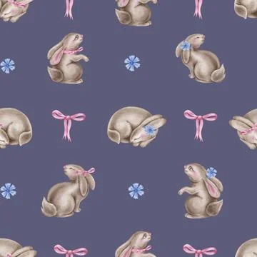 Seamless watercolor pattern with rabbits on a blue background Stock Illustration