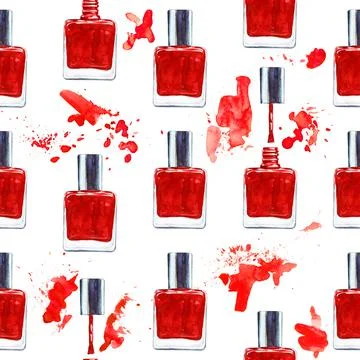 Seamless watercolor pattern with red nail polish on white background. Illustrazione stock