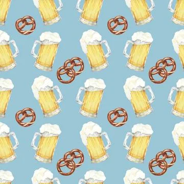 Seamless watercolor pattern showcasing beer mugs and pretzels. Great for party Stock Illustration