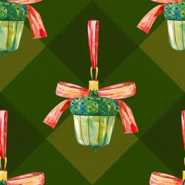 Seamless watercolor pattern showcasing a vintage acorn Christmas ornament o.. 스톡 일러스트