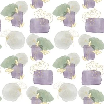 Seamless watercolor pattern with spots of gray, purple and green contour illu Stock Illustration