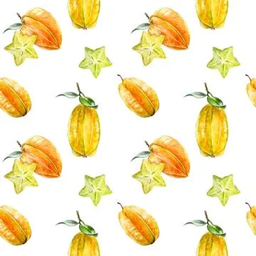 Seamless watercolor pattern with starfruit and leaves on white background Stock Illustration