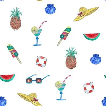 Seamless watercolor pattern summer stuff on white background. Hand illustrati Stock Illustration