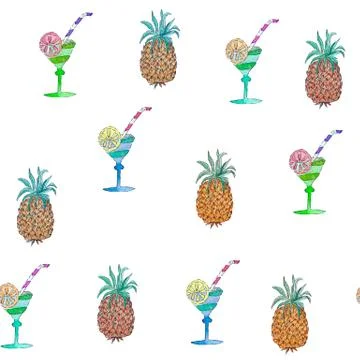Seamless watercolor pattern summer stuff on white background. Hand illustrati Stock Illustration