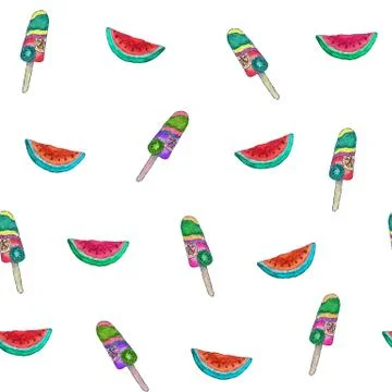 Seamless watercolor pattern summer stuff on white background. Hand illustrati Stock Illustration