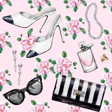 Seamless watercolor pattern with various female accessories and flowers. Stock Illustration