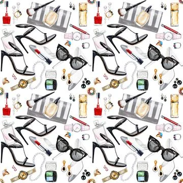 Seamless watercolor pattern with various female accessories. High heel shoes Stock Illustration
