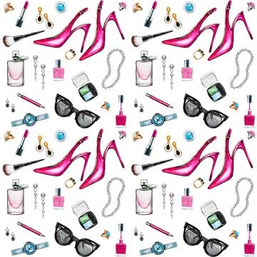 Seamless watercolor pattern with various female accessories. Stock Illustration