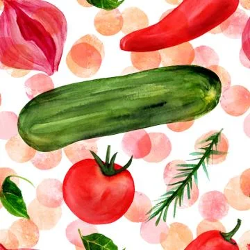 Seamless watercolor pattern with vegetables and dots 库存插图