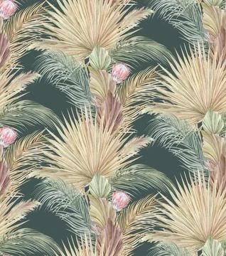 Seamless watercolor pattern with vertical tropical herbarium of dry palm leaves Illustrazione stock
