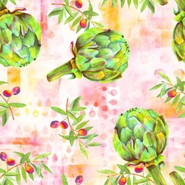 A seamless watercolor pattern of vibrant olive tree branches with olives and Stock Illustration