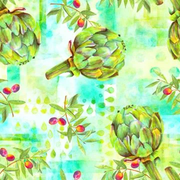 A seamless watercolor pattern of vibrant olive tree branches with olives and 스톡 일러스트
