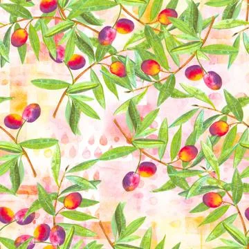 A seamless watercolor pattern of vibrant olive tree branches with olives, a Stock Illustration