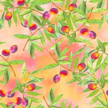 A seamless watercolor pattern of vibrant olive tree branches with olives, a 스톡 일러스트