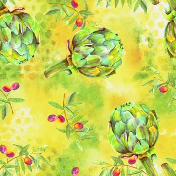 A seamless watercolor pattern of vibrant olive tree branches with olives and Stock Illustration