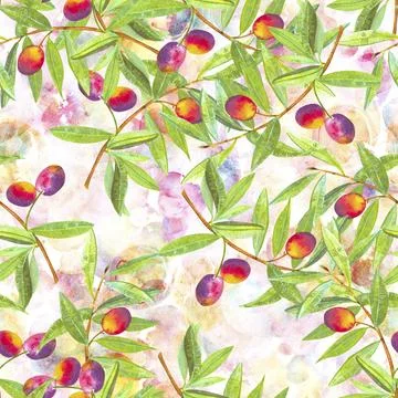 A seamless watercolor pattern of vibrant olive tree branches with olives, a Stock Illustration