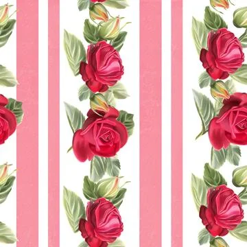 A seamless watercolor pattern of vibrant red roses with green leaves on a str Stock Illustration