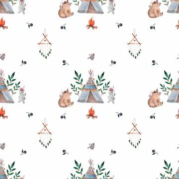 Seamless watercolor pattern wigwam and forest dwellers. bear rabbit birdie by Stock Illustration