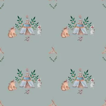 Seamless watercolor pattern of wigwam and forest dwellers in boho style. bear Stock Illustration