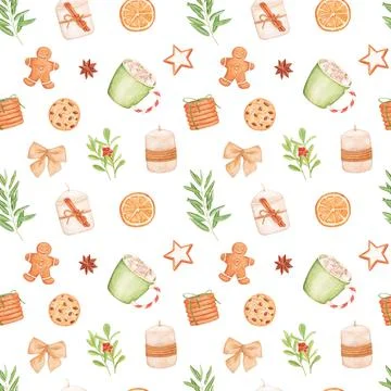 Seamless watercolor pattern on a winter theme, cookies, candles, cocoa Stock Illustration