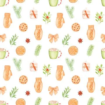 Seamless watercolor pattern on a winter theme, cookies, candles, cocoa Stock Illustration