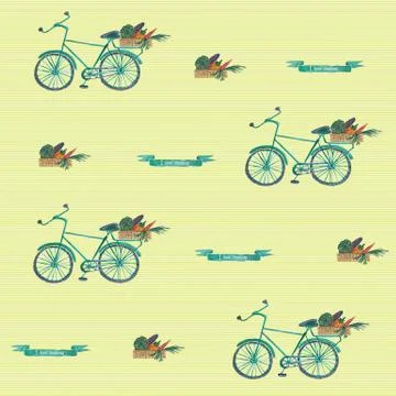 Seamless watercolor pattern witn bycicle and basket of vegetables. Stock Illustration
