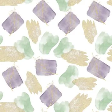 Seamless watercolor patterns made of spots of purple and green, sequins and c Stock Illustration