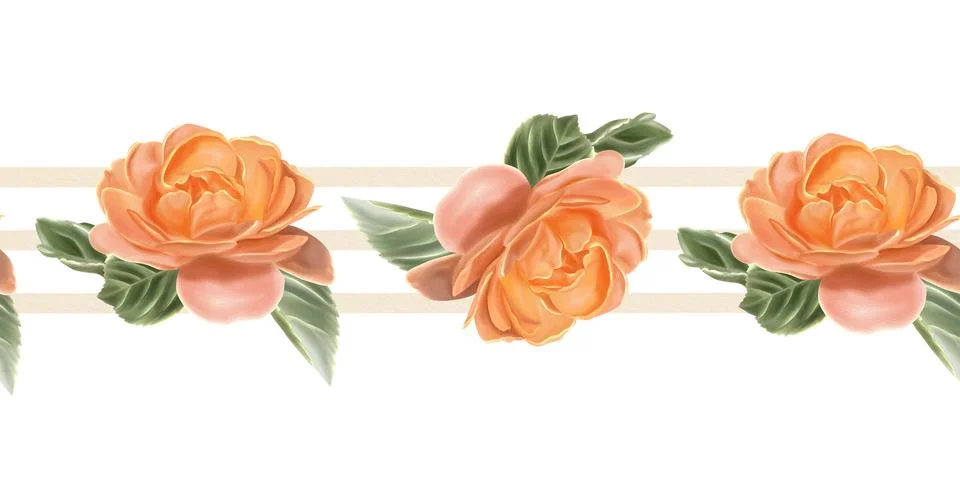 Seamless watercolor repeating pattern of painted orange roses with green leav Stock Illustration