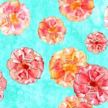 Seamless watercolor rose bud pattern on teal Stock Illustration