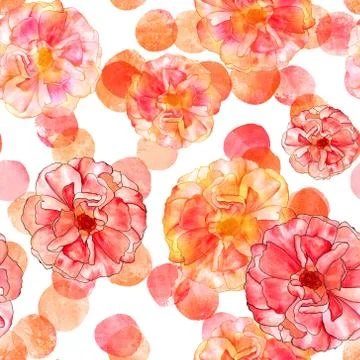 Seamless watercolor rose bud pattern on pink dots Stock Illustration