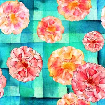 Seamless watercolor rose pattern on teal blue stripes Stock Illustration