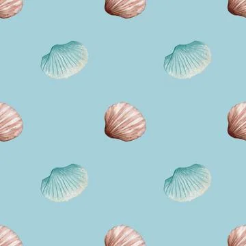 Seamless watercolor shell pattern on blue background for textile and packag.. Stock Photos
