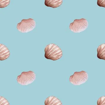 Seamless watercolor shell pattern on blue background for textile and packag.. Stock Photos