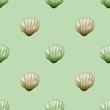 Seamless watercolor shell pattern on green background for textile and packa.. Stock Photos