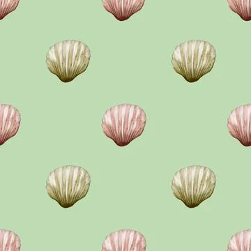 Seamless watercolor shell pattern on soft green fabric for textile design a.. Stock Photos