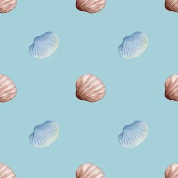 Seamless watercolor shell pattern on a soft blue background for textile and.. Stock Photos