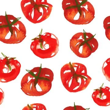 Seamless watercolor surface pattern from fresh ripe tomatoes isolated on white Stock Illustration