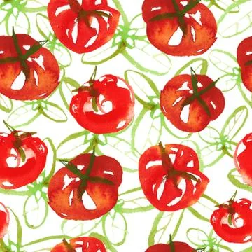 Seamless watercolor surface pattern from fresh ripe tomatoes and green basil on Stock Illustration