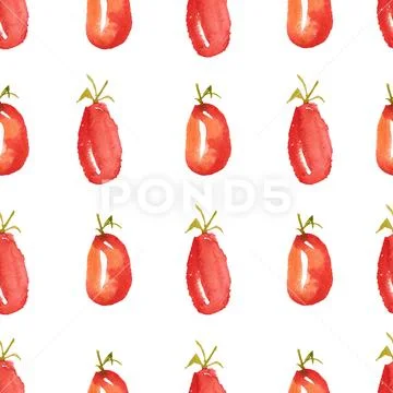 Seamless watercolor surface pattern from fresh ripe plum tomatoes on white Stock Illustration