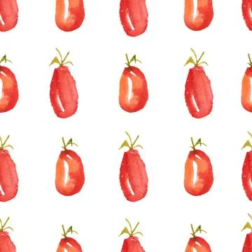 Seamless watercolor surface pattern from fresh ripe plum tomatoes on white Stock Illustration