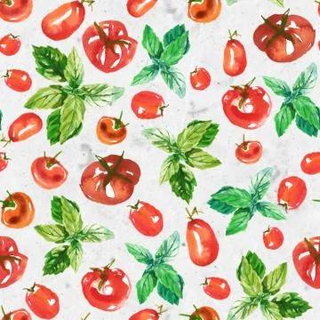 Seamless watercolor surface pattern from fresh ripe tomatoes and green basil on Stock Illustration