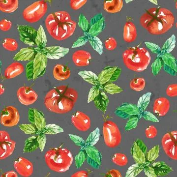 Seamless watercolor surface pattern from fresh ripe tomatoes and green basil on Stock Illustration