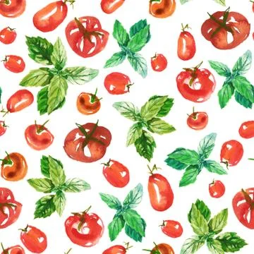 Seamless watercolor surface pattern from fresh ripe tomatoes and green basil on Stock Illustration