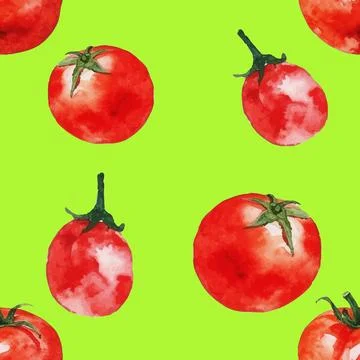 Seamless Watercolor Tomato Pattern on a Green Background. Stock Illustration