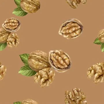 Seamless Watercolor Walnut Pattern on Kraft Paper Background Illustrazione stock