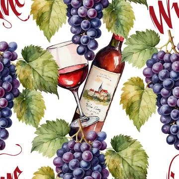Seamless Watercolor Wine Elements and Grapes Pattern. 스톡 일러스트