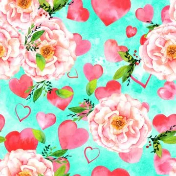 Seamless watercolour rose pattern with pink hearts on teal Stock Illustration
